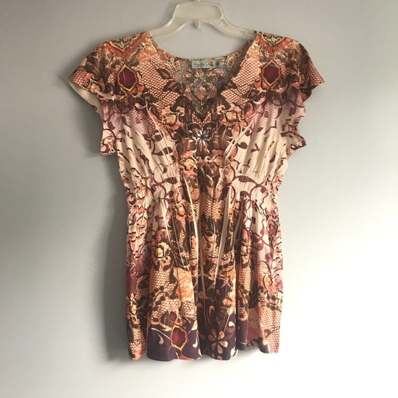 Earth-tone Floral Bohemian Print Blouse M